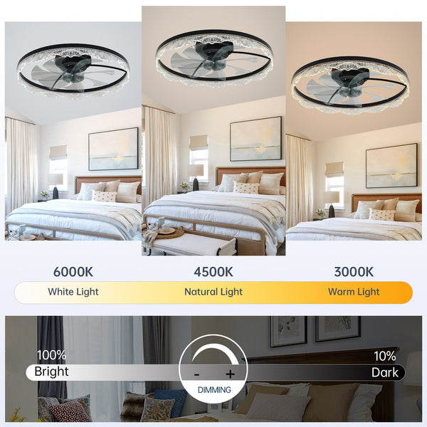 English Elm 24" Black LED Ceiling Fan Light Flush Mount with Hidden Blades, Remote & App Control, Dimmable W2312P368709