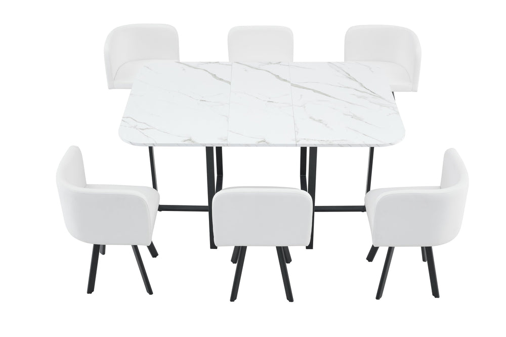 English Elm 7-piece Faux Marble Dining Set with Pu Chairs Black Iron Frame Space Saving W3875S00009