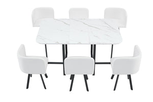 English Elm 7-piece Faux Marble Dining Set with Pu Chairs Black Iron Frame Space Saving W3875S00009