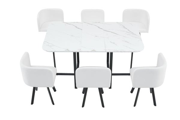 English Elm 7-piece Faux Marble Dining Set with Pu Chairs Black Iron Frame Space Saving W3875S00009