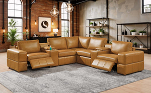 English Elm Premium Leather Match Sectional with Dual Recliners Cup Holders and Storage Console Ginger B2748S00153