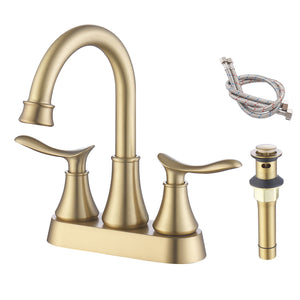 English Elm 2-Handle Brushed Gold Bathroom Faucet: Modern Vanity Sink Fixture With Pop-Up Drain & Hoses Included T3177P277468