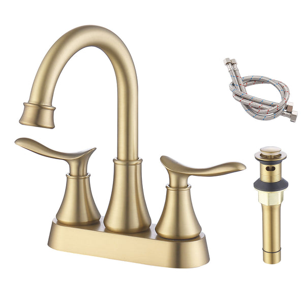 English Elm 2-Handle Brushed Gold Bathroom Faucet: Modern Vanity Sink Fixture With Pop-Up Drain & Hoses Included T3177P277468