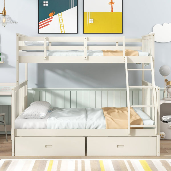English Elm Twin Over Full Bunk Bed With Storage Drawers – Stylish Cream Wooden Design, Safety Features Included K495S00002-GIGA