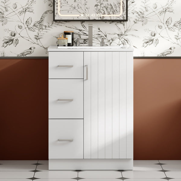 English Elm 24" Modern Bathroom Vanity with Under-Mount Sink, Vertical Stripe Design, 2 Drawers & Soft-Close Cabinet White N710P288936K