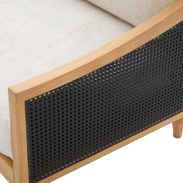 English Elm Mid-century Loveseat with Rattan Armrests Chenille Upholstery and Rubberwood Legs N763P379762Z