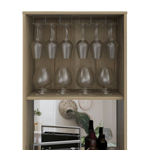 English Elm Redding Floor Bar Cabinet with Wine Cubbies Glass Rack and Open Display Shelves B128S00156