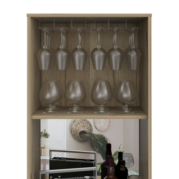 English Elm Redding Floor Bar Cabinet with Wine Cubbies Glass Rack and Open Display Shelves B128S00156