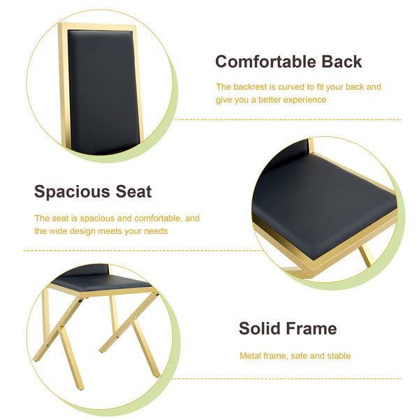 English Elm 2-pack Black Pu Leather Dining Chairs with Angled Silver Metal Legs Modern Set Black+Gold W1151P301835