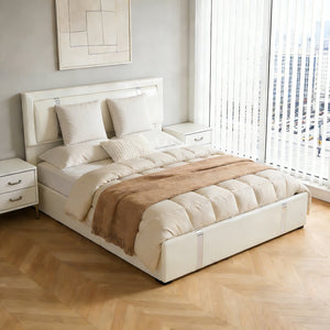 English Elm Queen Platform Bed Wingback Diamond Quilted Headboard Led Lighting Storage Drawers White W5722P462694