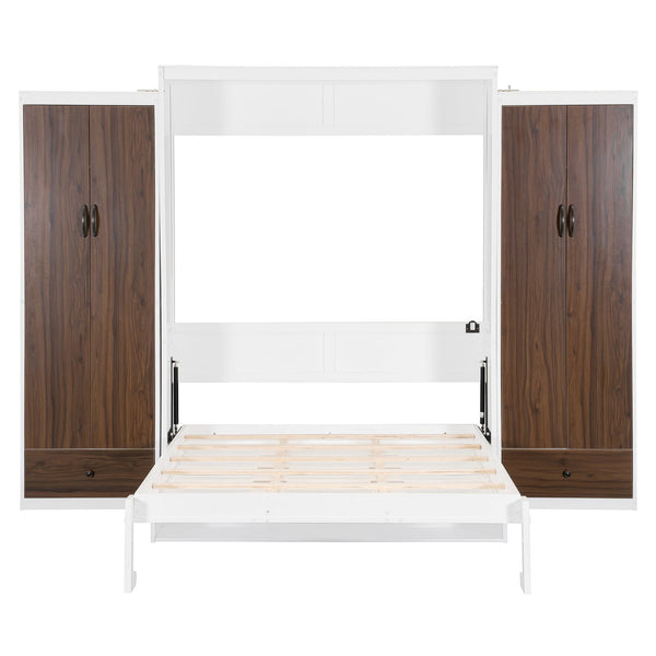 English Elm Queen Murphy Wall Bed with Fold Down Desk Dual Wardrobes and Drawers in White LP000925AAK-1