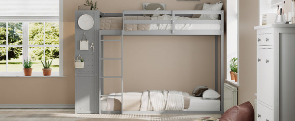 English Elm Twin Bunk Bed with Storage Drawers Hanging Rail Led Shelves and Pegboard Organizer Gray LT000282AAE