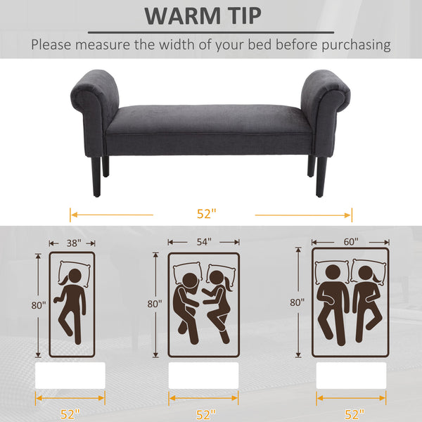 English Elm HOMCOM Upholstered Linen 52" End of Bed Bench with Armrests, Padded Ottoman Seat and Under-Storage Grey W2225P217018