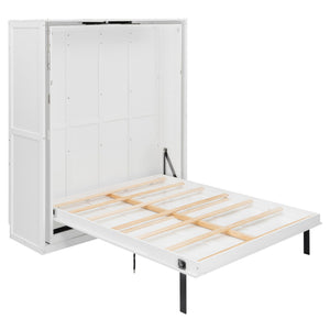 English Elm Rotating Queen Murphy Wall Bed with 14 Open Shelves Hydraulic Lift Space Saving White LP000962AAK