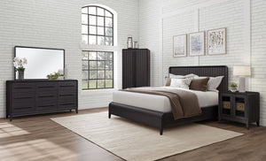 English Elm Queen Waterfall Panel Bed with Channel Headboard, Elm Veneer Peppercorn Finish, Solid Wood Craftsmanship B2699S00046
