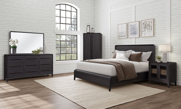 English Elm Queen Waterfall Panel Bed with Channel Headboard, Elm Veneer Peppercorn Finish, Solid Wood Craftsmanship B2699S00046