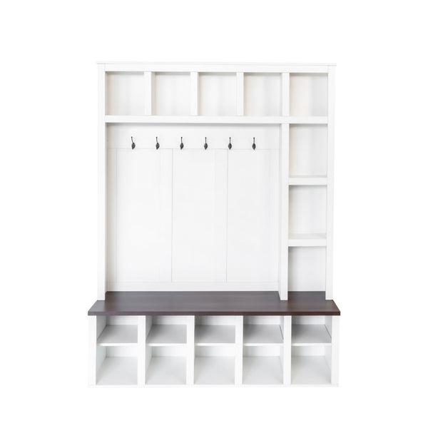 English Elm On-Trend Farmhouse Wooden Hall Tree With 6 Hooks, 4-In-1 Storage Bench & Adjustable Shelves, White N721S000044K-GIGA