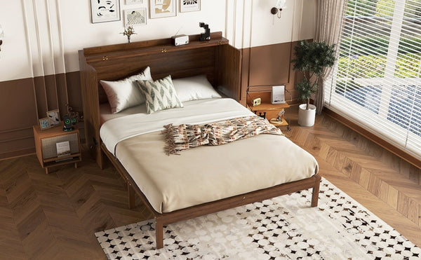 English Elm Queen Size Murphy Bed - Stylish Pine Wood Cabinet With Power Station & Rattan Panel For Space-Saving W504S00234-GIGA