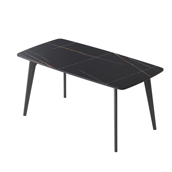 English Elm 62.99" Modern Artificial Stone Dining Table With Black Curved Edges, Metal Legs - Seats 6 Comfortably W1535S00516