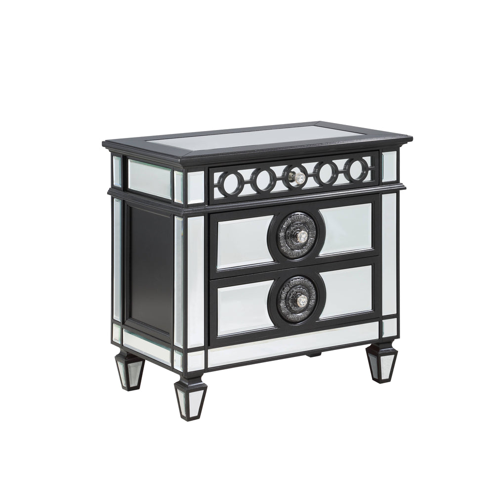 English Elm Varian Mirrored Nightstand with Crystal Knobs, Sunburst Trim & Felt-Lined Drawer — Black/Silver Finish B2726P303758