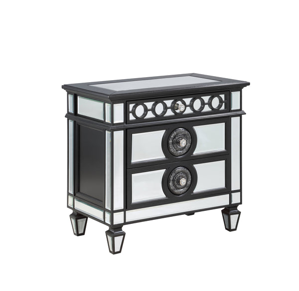 English Elm Varian Mirrored Nightstand with Crystal Knobs, Sunburst Trim & Felt-Lined Drawer — Black/Silver Finish B2726P303758