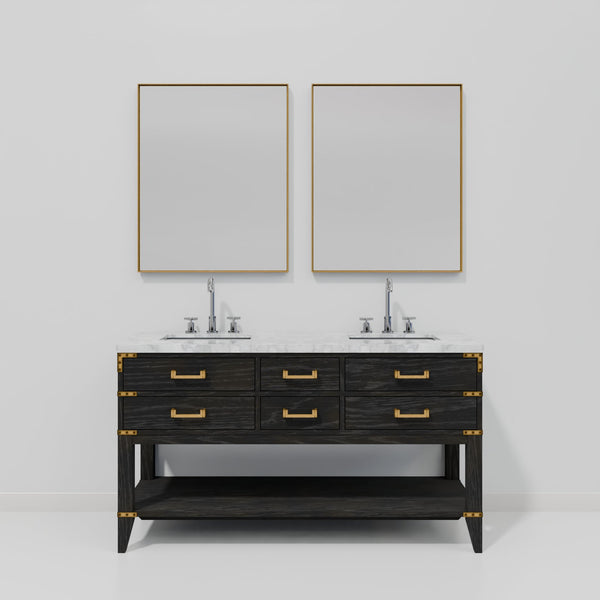English Elm Black Oak Double Bath Vanity With Carrara Marble Top, Chrome Faucets & 28" Mirrors For Stylish Upgrade B2731S02196