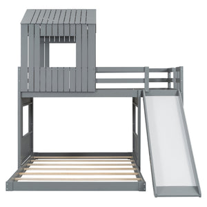 English Elm Wooden Twin Over Full Bunk Bed Farmhouse Playhouse Slide Pinewood Kids Loft Gray LT000328AAN