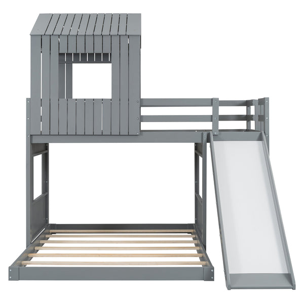 English Elm Wooden Twin Over Full Bunk Bed Farmhouse Playhouse Slide Pinewood Kids Loft Gray LT000328AAN