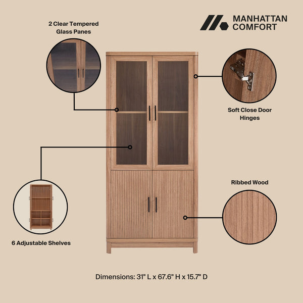 English Elm Jodie Fluted Accent Cabinet 31" — Ribbed Soft-Close Doors, Adjustable Shelves, Splayed Metal Legs Maple B365P397895
