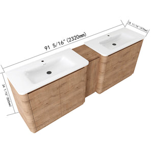 English Elm 92'' Freestanding Double Sink Bathroom Vanity Oak Melamine Soft Close Storage Set W999S00517