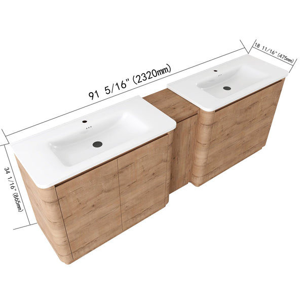 English Elm 92'' Freestanding Double Sink Bathroom Vanity Oak Melamine Soft Close Storage Set W999S00517