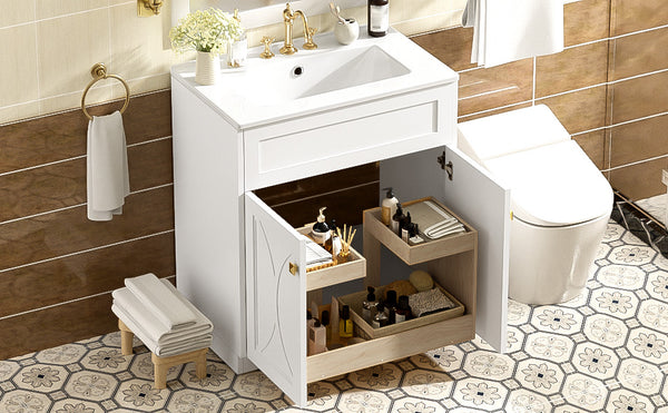 English Elm 30'' Bathroom Vanity With Ceramic Sink Combo - Modern Freestanding Cabinet, Gold Handles & Soft-Close Doors N710P194898K