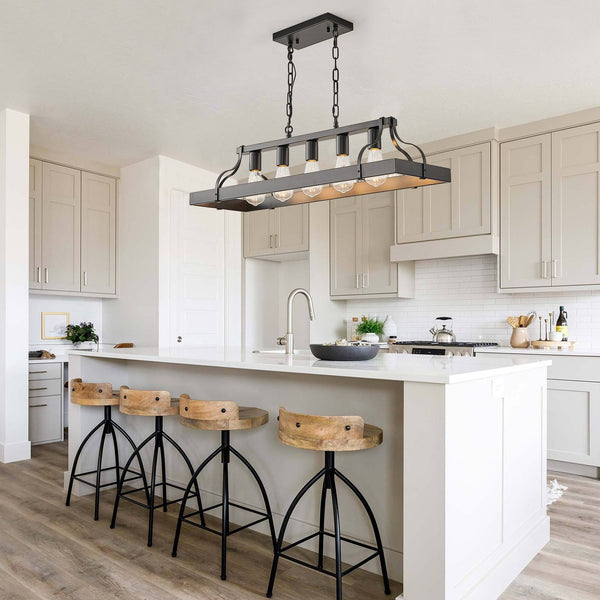 English Elm 34-inch Matte Black Iron Linear Chandelier Five Sockets Industrial Farmhouse Dining W1340P251925