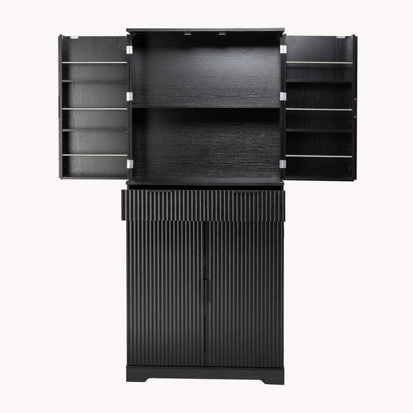 English Elm 72" Fluted Kitchen Pantry Cabinet with Anti-Tilt Stabilizers, Triple-Fold Hinges, Spice Door Racks and Deep Storage Black W2917P294985