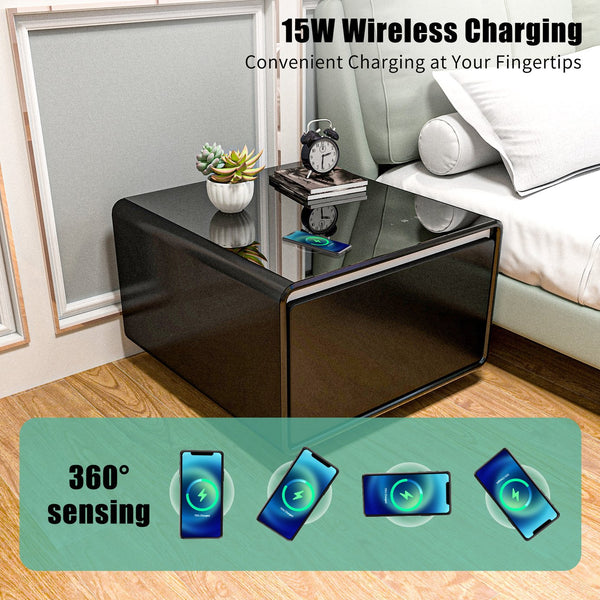 English Elm Modern Smart Side Table With Mini Fridge, Wireless Charging, Usb Ports & Induction Light - Black W1172P178854