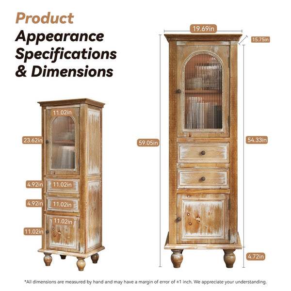 English Elm Farmhouse Freestanding Linen Cabinet Reeded Glass Arched Door Distressed Wood Storage Natural+Rustic W2295P462958