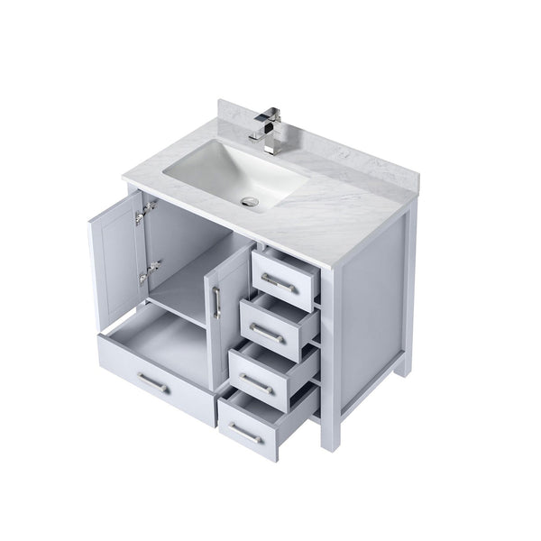 English Elm White 36 in Bath Vanity with Left Carrara Marble Top, Soft-Close Drawers, Chrome Faucet Set B2731P259017