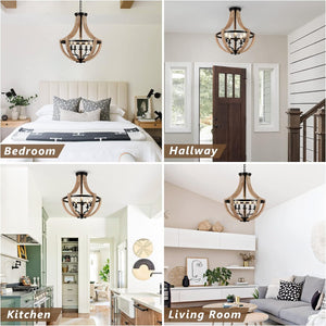 English Elm 19" Farmhouse 5-Light Wood Chandelier, Height Adjustable Pendant or Flush Mount, Rustic Brown Elegance W2738P185399