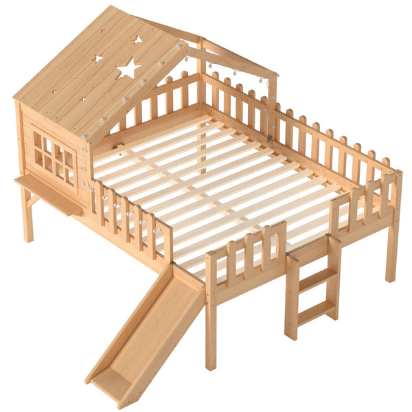 English Elm Twin Playhouse Loft Bed Solid Pine Frame with Slide Led Lights and Star Roof Natural W5316S00005