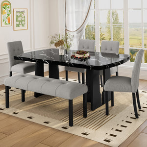 English Elm 6 Piece Dining Set with Rectangular Solid Wood Table, Upholstered Chairs & Bench, Rustic Charm, Easy Assembly, Seats 6 Black+ Gray N752S000011B