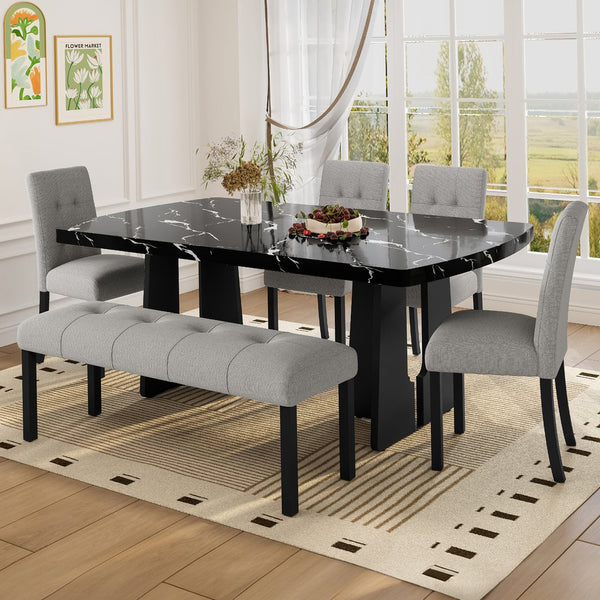 English Elm 6 Piece Dining Set with Rectangular Solid Wood Table, Upholstered Chairs & Bench, Rustic Charm, Easy Assembly, Seats 6 Black+ Gray N752S000011B