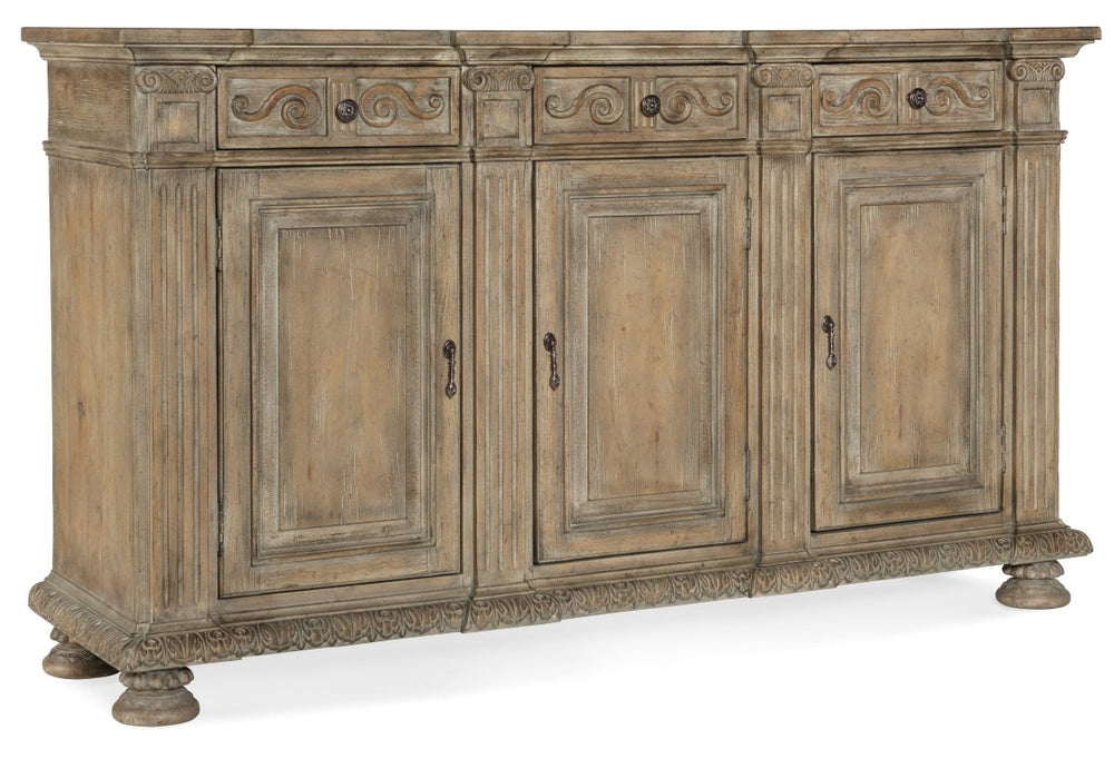 Hooker Furniture Castella Antique Slate 72" Credenza With Carved Acanthus, Scroll Motifs & Ample Adjustable Storage 5878-85001-80