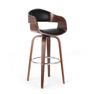 English Elm Christopher Knight Home® - BAR STOOL Mid-Century Modern Faux Leather Swivel with Walnut Veneer Frame and Chrome Footrest Black 67494.00PUMDNT