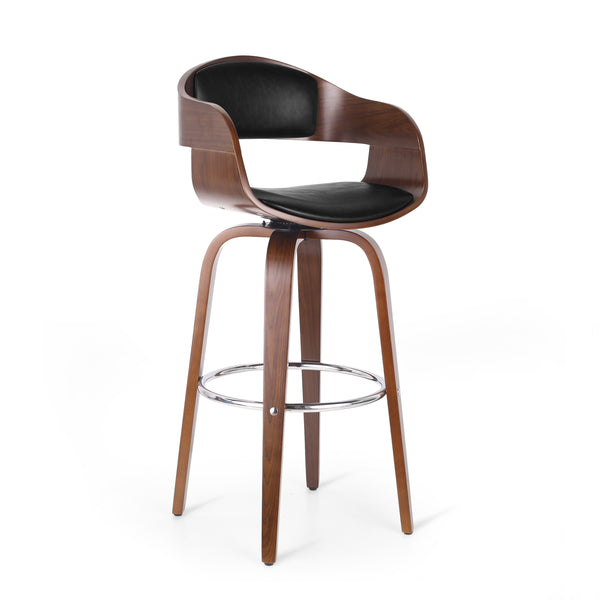 English Elm Christopher Knight Home® - BAR STOOL Mid-Century Modern Faux Leather Swivel with Walnut Veneer Frame and Chrome Footrest Black 67494.00PUMDNT