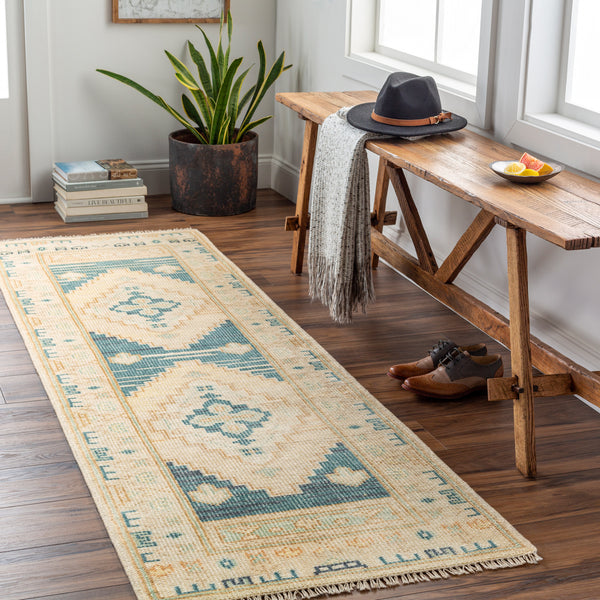 Anadolu AAU-2301 2'6" x 8' Handmade Rug AAU2301-268  Teal, Deep Teal, Cream, Brown, Seafoam, Pale Pink Surya