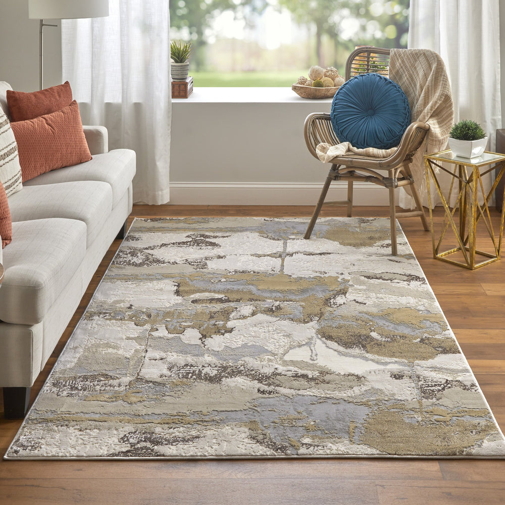 Feizy Rugs Aura Modern Abstract Rug – Durable Power Loomed Polyester Blend With Gold & Champagne Accents Gray,Ivory,Gold Polyester,Polypropylene Aur3737fgldgryj00