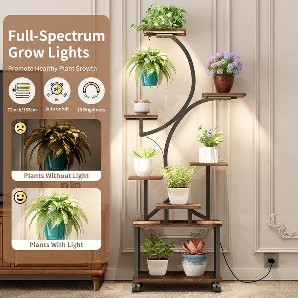 English Elm Plant Stand with Full Spectrum Grow Lights 8 Tier S Shaped Iron Corner Display Rack Black+Brown W2641P446499