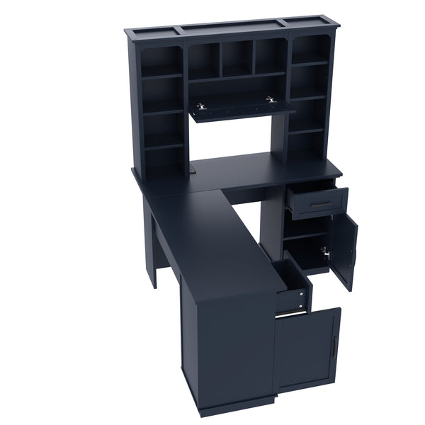 English Elm L-Shaped Corner Desk with 3 Cabinets, 2 Drawers & 11 Shelves, Built-In Power Outlet for Home Office Antique Blue W1580S00190
