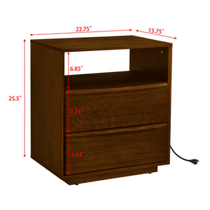 English Elm Mid Century Modern nightstand with USB charging, louver drawers, open shelf and hidden cord storage Walnut Brown W1801P303385