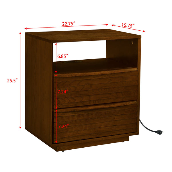 English Elm Mid Century Modern nightstand with USB charging, louver drawers, open shelf and hidden cord storage Walnut Brown W1801P303385